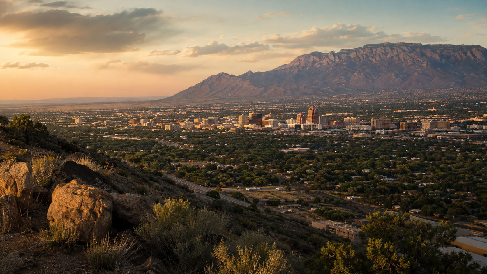 Albuquerque at golden hour with downtown and the Sandia Mountains in the distance